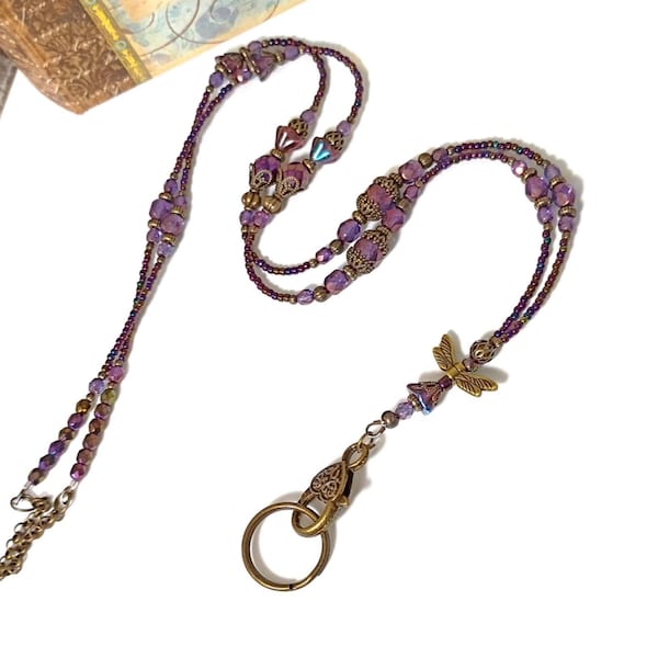 Lanière libellule bohème à perles : verre tchèque violet métallisé, collier en filigrane vieilli