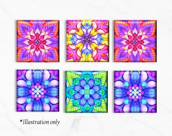 Colorful Mandala Glass Magnets: Cubicle Decor, Fridge Magnets (Set of 6)