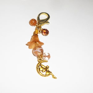 Flower Fairy Purse Charm: Mocha Lucite Flower, Antiqued Gold Moon