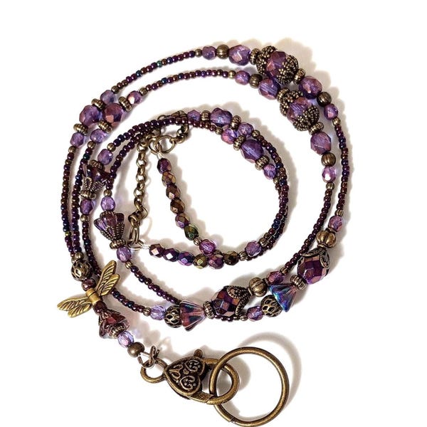 Boho Dragonfly Beaded Lanyard: Metallic Purple Czech Glass, Antiqued Filigree Necklace