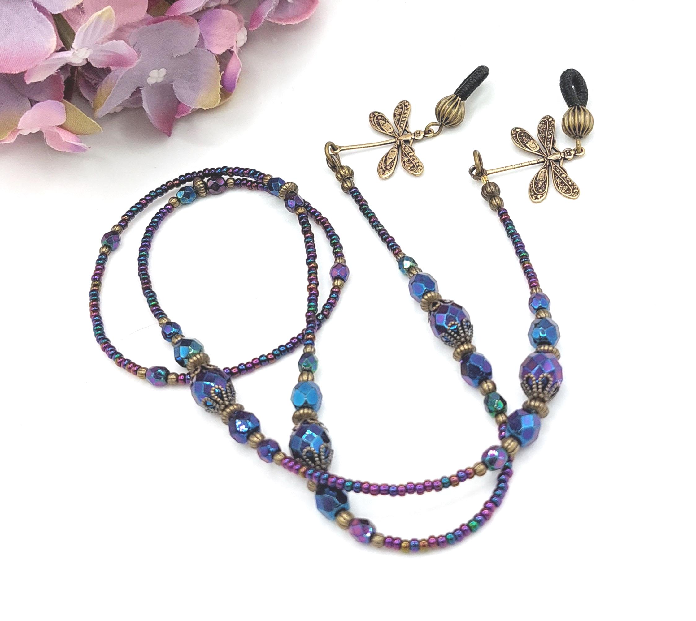 Dragonfly Eyeglass Chain: Iris Purple Czech Glass Beaded Lanyard