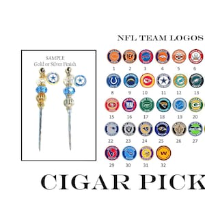 May include: Cigar picks featuring NFL team logos. The image displays two sample picks with gold and silver finishes, and a chart of team logos. The text "CIGAR PICK" is at the bottom.