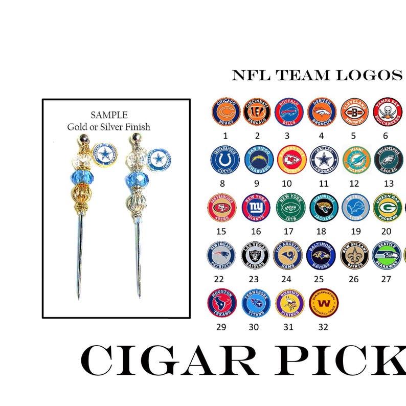 May include: Cigar picks featuring NFL team logos. The image displays two sample picks with gold and silver finishes, and a chart of team logos. The text "CIGAR PICK" is at the bottom.