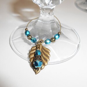 Boho Wine Charms: Antiqued Brass Leaf, Czech Glass Drink Markers