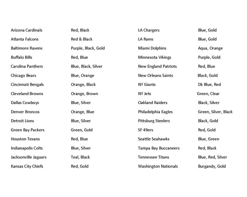 May include: A table listing NFL team names and their colours. Teams include the Arizona Cardinals (Red, Black), Atlanta Falcons (Red & Black), and Baltimore Ravens (Purple, Black, Gold). The list continues with all 32 teams and their colour combinations.
