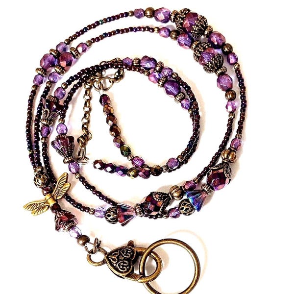 Boho Dragonfly Beaded Lanyard: Metallic Purple Czech Glass, Antiqued Filigree Necklace