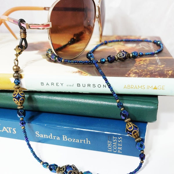 Vintage Styled Eyeglass Chain- Metallic Blue Vintage Style Beaded Eyeglass Chain - Women's Beaded Eyeglass Lanyard - Boho Style -