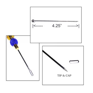 May include: A silver-coloured hat pin with a decorative blue and gold beaded top. The pin is 10.8 cm long. The image also shows the tip and cap of the pin.