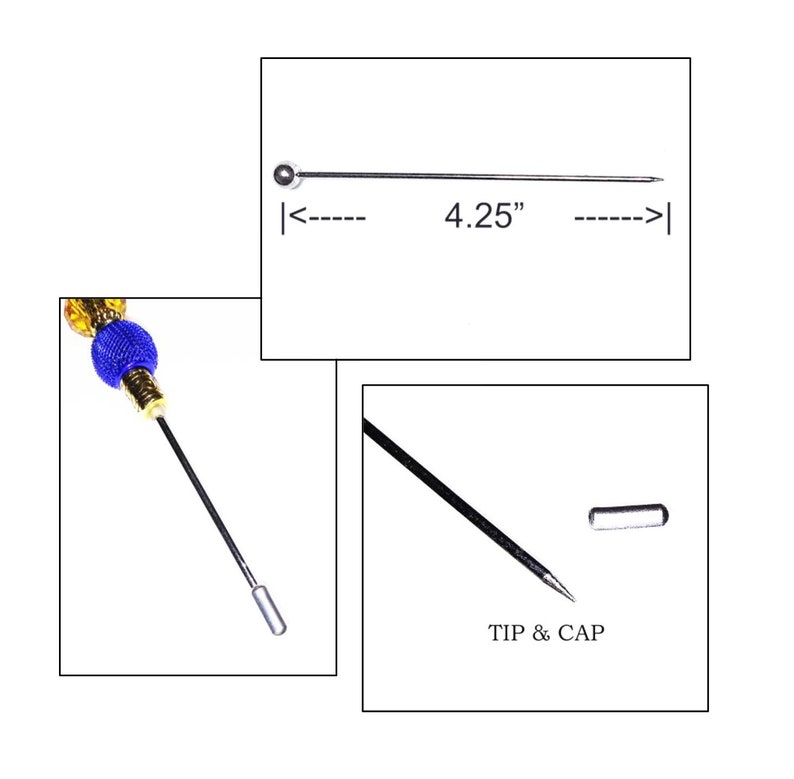 May include: A silver-coloured hat pin with a decorative blue and gold beaded top. The pin is 10.8 cm long. The image also shows the tip and cap of the pin.