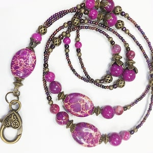 Boho Purple Magnesite Beaded Lanyard: Teacher ID Badge Holder