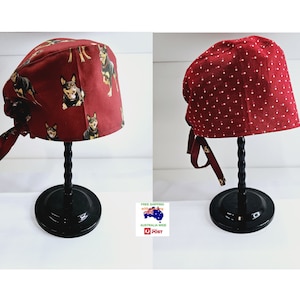 Reversible scrub cap, handmade with matching ties. Kelpies pattern with dotted maroon reverse.  Free postage with tracking in Aust.