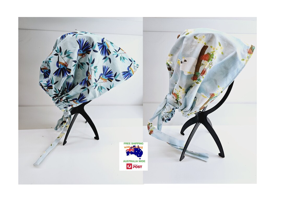 Bouffant Scrub Cap for Long Hair. Kingfisher Pattern, Fully Reversible