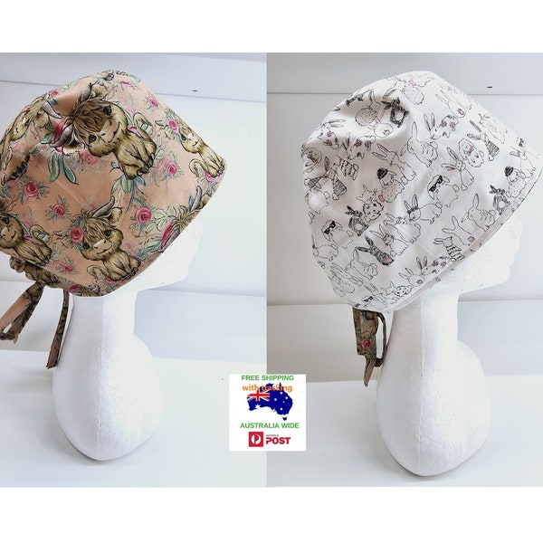Highland Cow pattern reversible scrub cap, handmade with matching ties. Rabbit pattern reverse. Free postage with tracking in Australia.