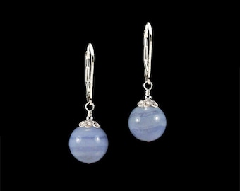 genuine Blue Lace Agate 10mm round gemstone dangle 925 sterling silver earrings or 14k yellow gold filled boutique jewelry holiday gift