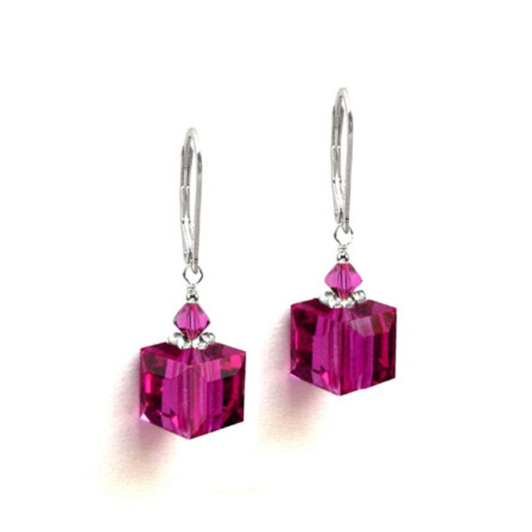 Fuchsia Pink cube w Swarovski crystal 925 sterling silver leverback earrings or 14k yellow gold filled Golden Shadow Red Green Blue Purple