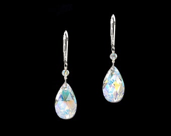 clear crystal ab Teardrop w Swarovski dangle 925 sterling silver earrings or 14k yellow gold filled boutique jewelry holiday gift