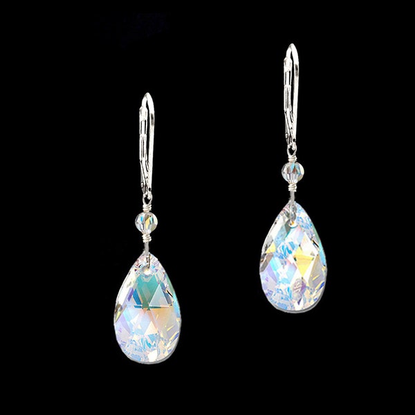 clear crystal ab Teardrop w Swarovski dangle 925 sterling silver earrings or 14k yellow gold filled boutique jewelry holiday gift