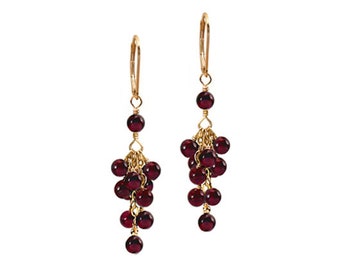 Red Garnet Cluster gemstone 14k yellow gold filled dangle earrings or 925 sterling silver boutique jewelry holiday gift