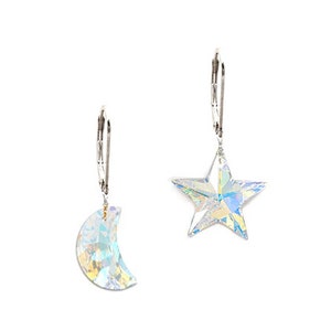Moon Star clear crystal AB Aurora Borealis w Swarovski dangle 925 sterling silver earrings or 14k yellow gold filled boutique jewelry gift