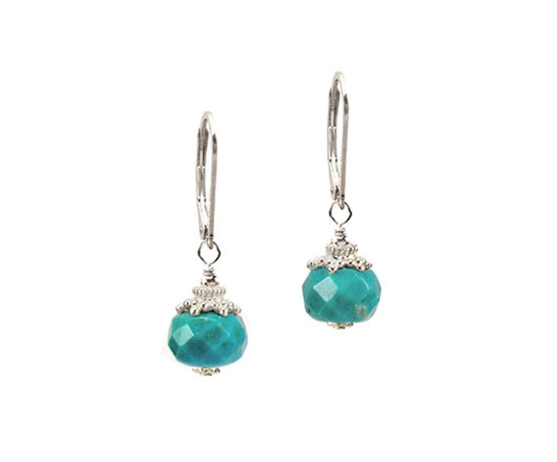 genuine Turquoise gemstone greenish blue Bali dangle .925 sterling silver earrings or 14k yellow gold filled boutique jewelry gift