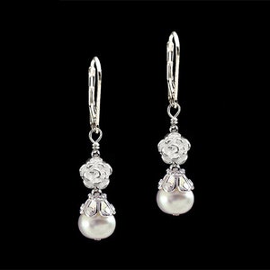 fresh water White Pearl 925 sterling silver Rose flower Bali dangle earrings boutique Jewelry holiday gift