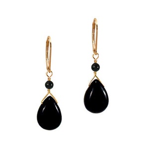 genuine Black Onyx Teardrop dangle 14k yellow gold filled earrings  or 925 sterling silver holiday boutique gift