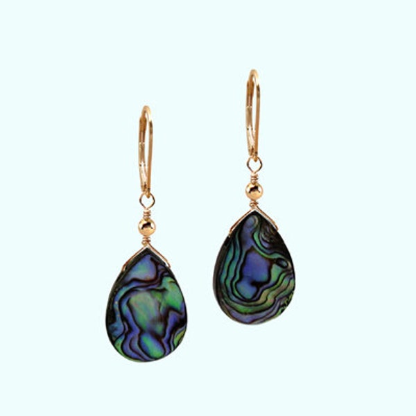 Paua Teardrop mother of pearl Abalone Shell dangle 14k yellow gold filled earrings or 925 sterling silver boutique jewelry holiday gift