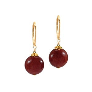 Genuine Carnelian flower agate 12mm 14k yellow gold filled dangle earrings or 925 sterling silver boutique jewelry holiday gift