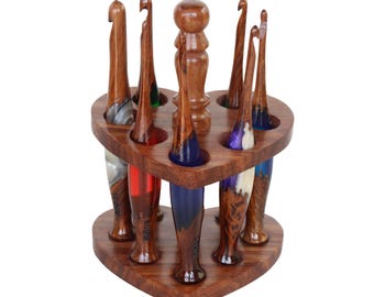 Crochet Hook Holder |  Knitting Needle Organizer Heart Shape, 7 Holes Wooden Portable Crochet Stand