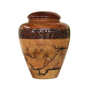 Lichtenberg Figures Wooden Cremation Urn for Ashes with Carved Border | Turned Personalized Wood Urn for Human Ashes or Pet