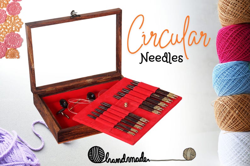 Knitting Needle Organizer – Wooden organizer case with a glass top, designed to keep knitting needles and accessories neatly arranged and easy to access.