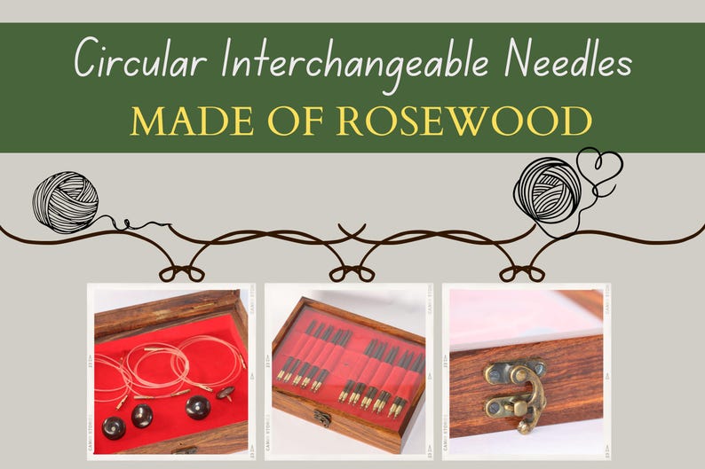Knitting Accessories – Essential knitting accessories, including cords, stoppers, and threaded keys, all included in a stylish rosewood needle set.