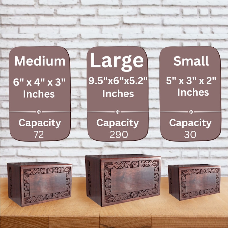 May include: Three wooden cremation urns in different sizes: small, medium, and large. The urns are made of dark wood with a carved floral design. The urns are displayed on a wooden surface. The dimensions and capacity of each urn are listed below each urn.