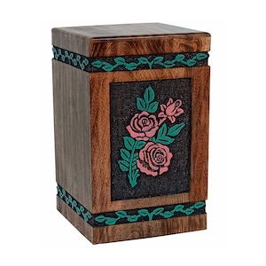 Wooden Urn – Wood Cremation Urn for Ashes Keepsake Box – Adult Cremation Urn for Human Ashes, Rose Memorial Gift