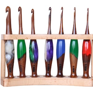 7 Crochet Hook Holder | Wooden Crochet Hook Organizer Gift for Her | Curved Shaped Hook Holder | Resin Crochet Hooks Set Mother Day Gift