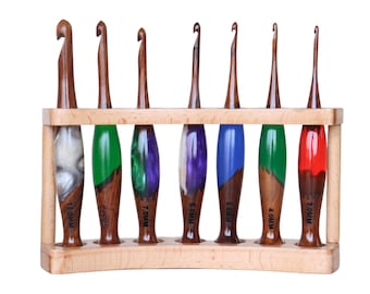 Wood Crochet Hook Holder Set | Curved Beechwood Organizer, Resin Hooks