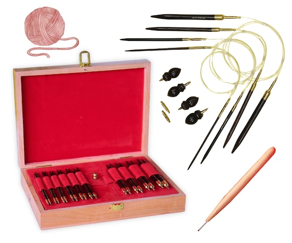 Rosewood Knitting Needle Set: Interchangeable Circular Needles with Wooden Organizer