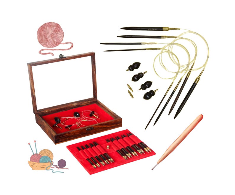 Interchangeable knitting needle set with multiple needle sizes and cables