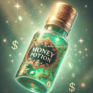 May include: A green glass bottle with a gold lid and label that says "Money Potion". The bottle is surrounded by sparkling gold dollar signs.