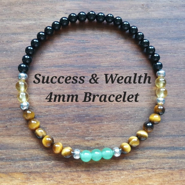 Success & Wealth Bracelet, 4mm Gemstone Mala, Prosperity, Good Luck, Abundance, Achievement, Citrine, Tiger Eye, Green Aventurine, Onyx