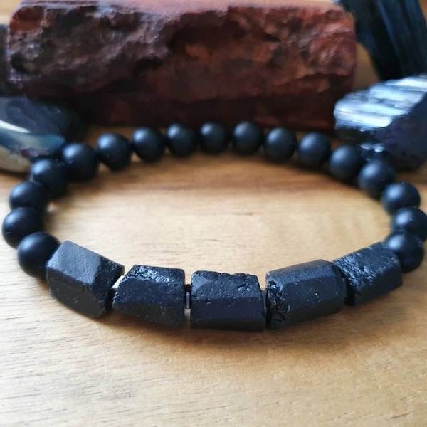 Mens Raw Black Tourmaline Bracelet, Matte Onyx, Hematite, Protection, Strength, Confidence, Will-Power, Discipline, Grounding, Stress Relief