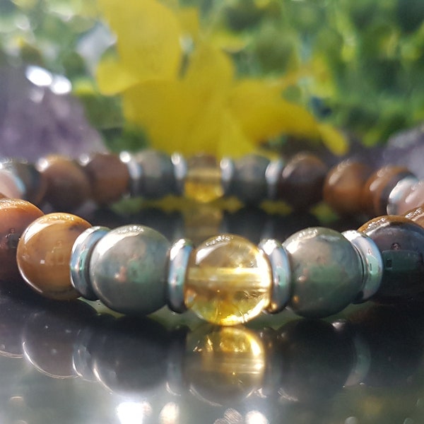 Solar Plexus Bracelet, Manifestation, Success, Vitality, Motivation, Confidence, Citrine, Pyrite, Sunstone, Tiger Eye, Healing Crystals, 8mm