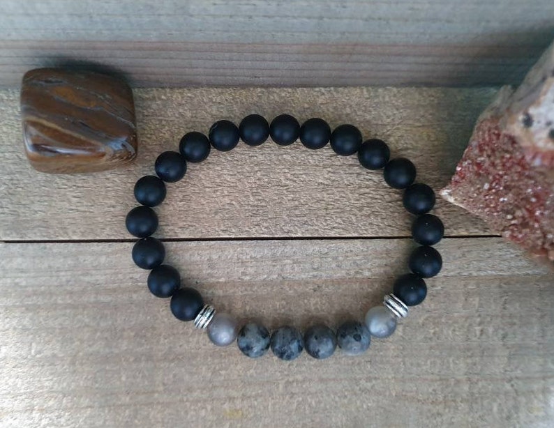 Inner Strength Moonstone Men/'s Emotional Healing Bracelet Self Confidence Matte Black Onyx Larvikite New Beginnings Energy Protection