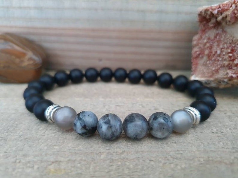 Inner Strength Moonstone Men/'s Emotional Healing Bracelet Self Confidence Matte Black Onyx Larvikite New Beginnings Energy Protection