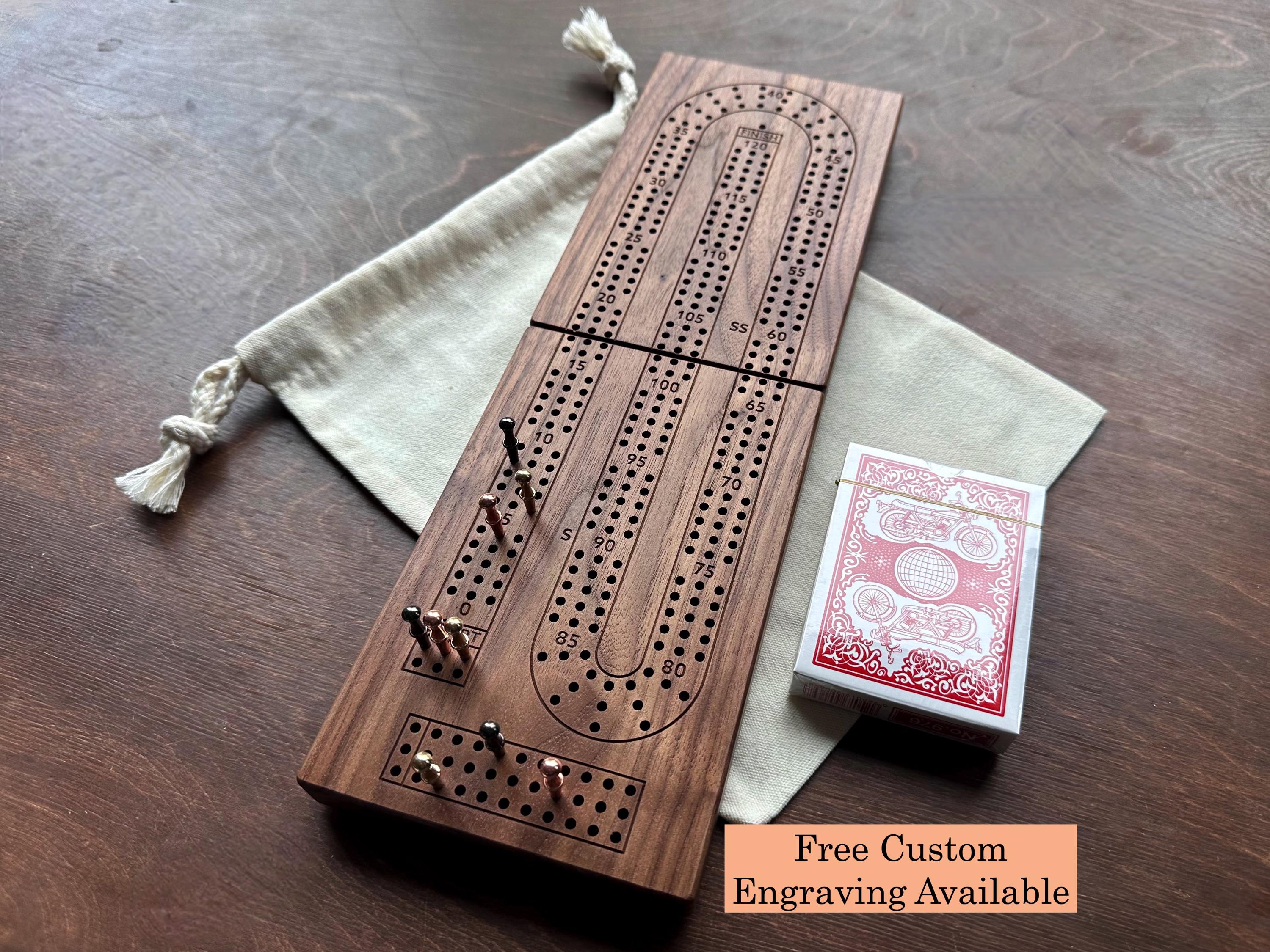 Personalized Folding Cribbage Board Travel Size Built-in Storage Metal Pegs Carry Bag Custom Engraving Solid Maple Cherry Walnut