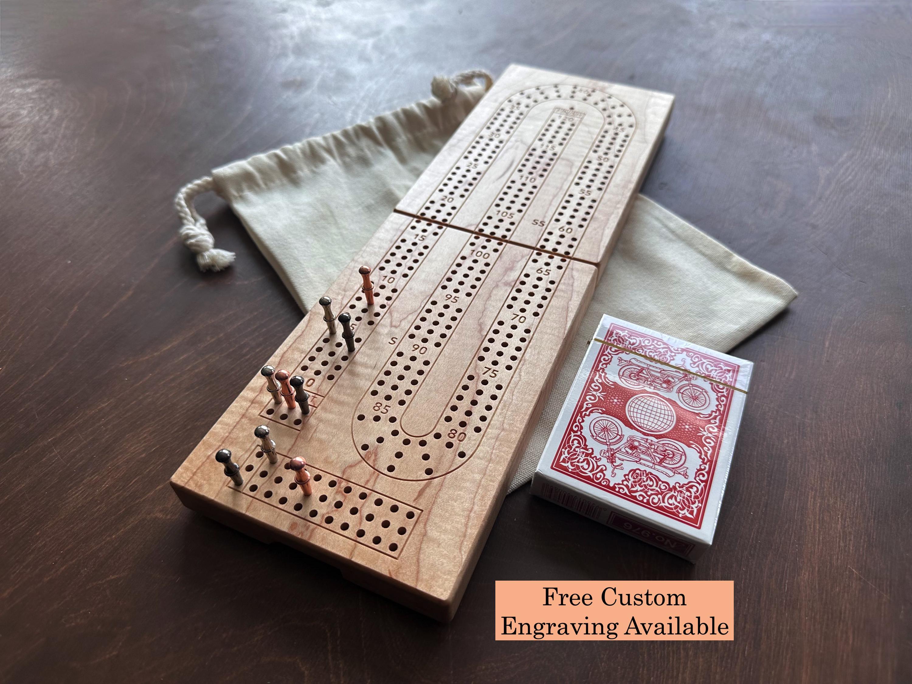 Personalized 3 Track Folding Cribbage Board Travel Cribbage Game Built-in Storage Metal Pegs Custom Engraving Solid Hardwood