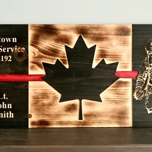 Personalized Firefighter Red Thin Line/Axe Wooden Canada Flag | Fire Department | Fire Service | First Responder | Wall Art | Gift | Custom