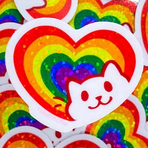 Gay Pride Cat Heart - 2” LGBT Glitter Sticker