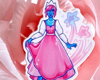 May include: A sticker featuring a blue-skinned princess wearing a pink dress and a crown. She is holding a wand with a star at the end. The background is a pink and white swirl.