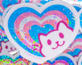 Trans Pride Cat Heart - 2” LGBT Glitter Sticker